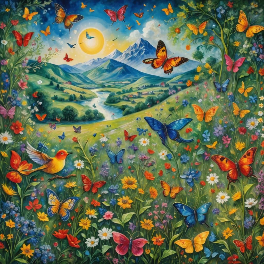 Surreal Bird and Butterfly Landscape in Folk Art Style