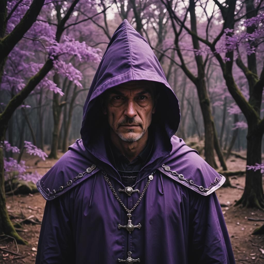 Cinematic Dark Wizard with Violet Hood
