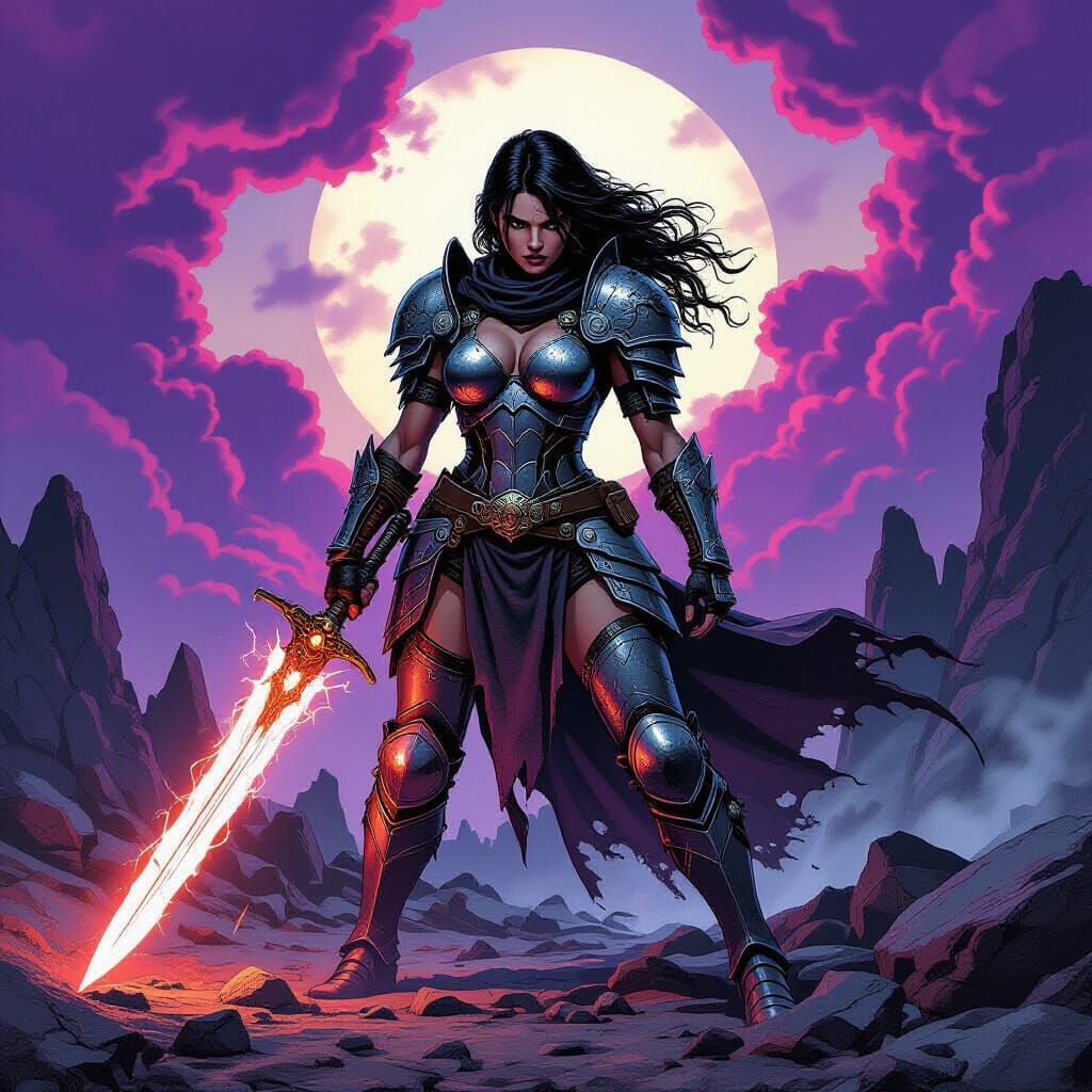 Defiant Warrior on Alien Battlefield in Comic Style