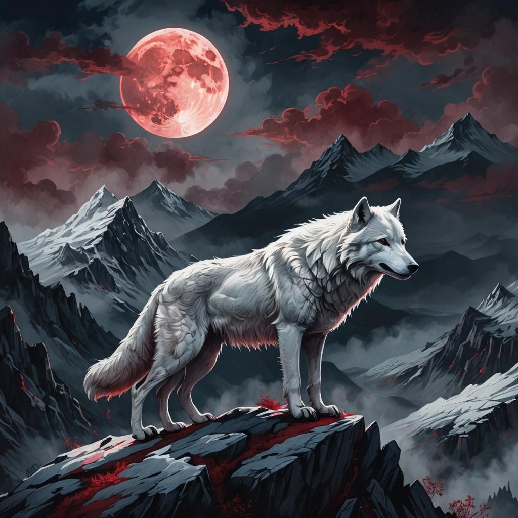 White Wolf on Mountain Peak Under Red Moon