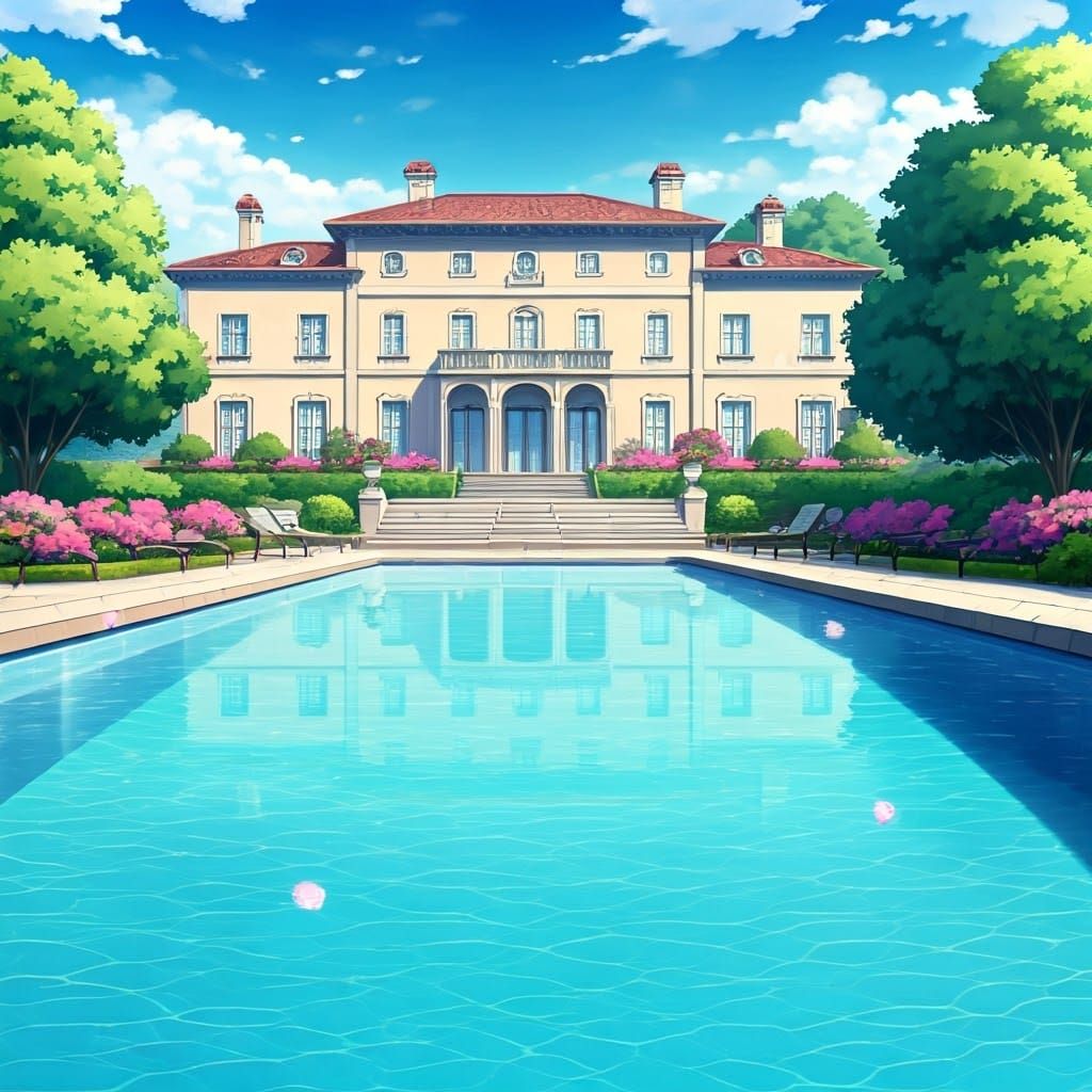 Elegant Japanese Villa Pool in Anime Style