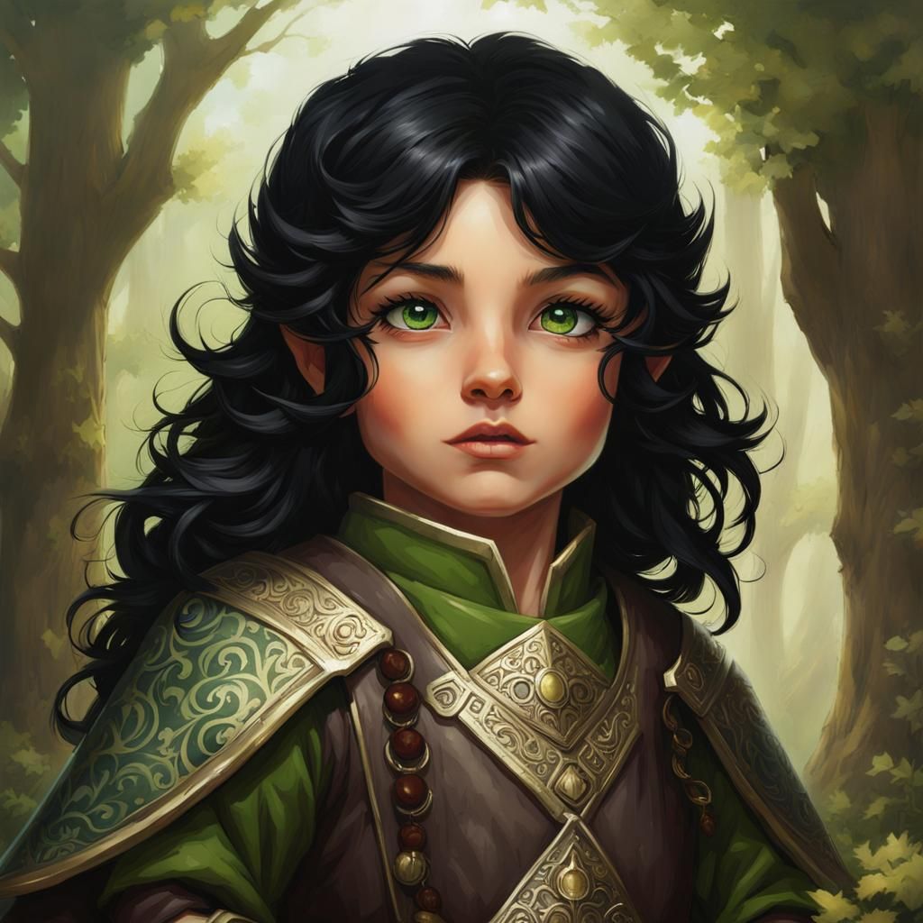 Green-Eyed Halfling Cleric with Long Black Hair