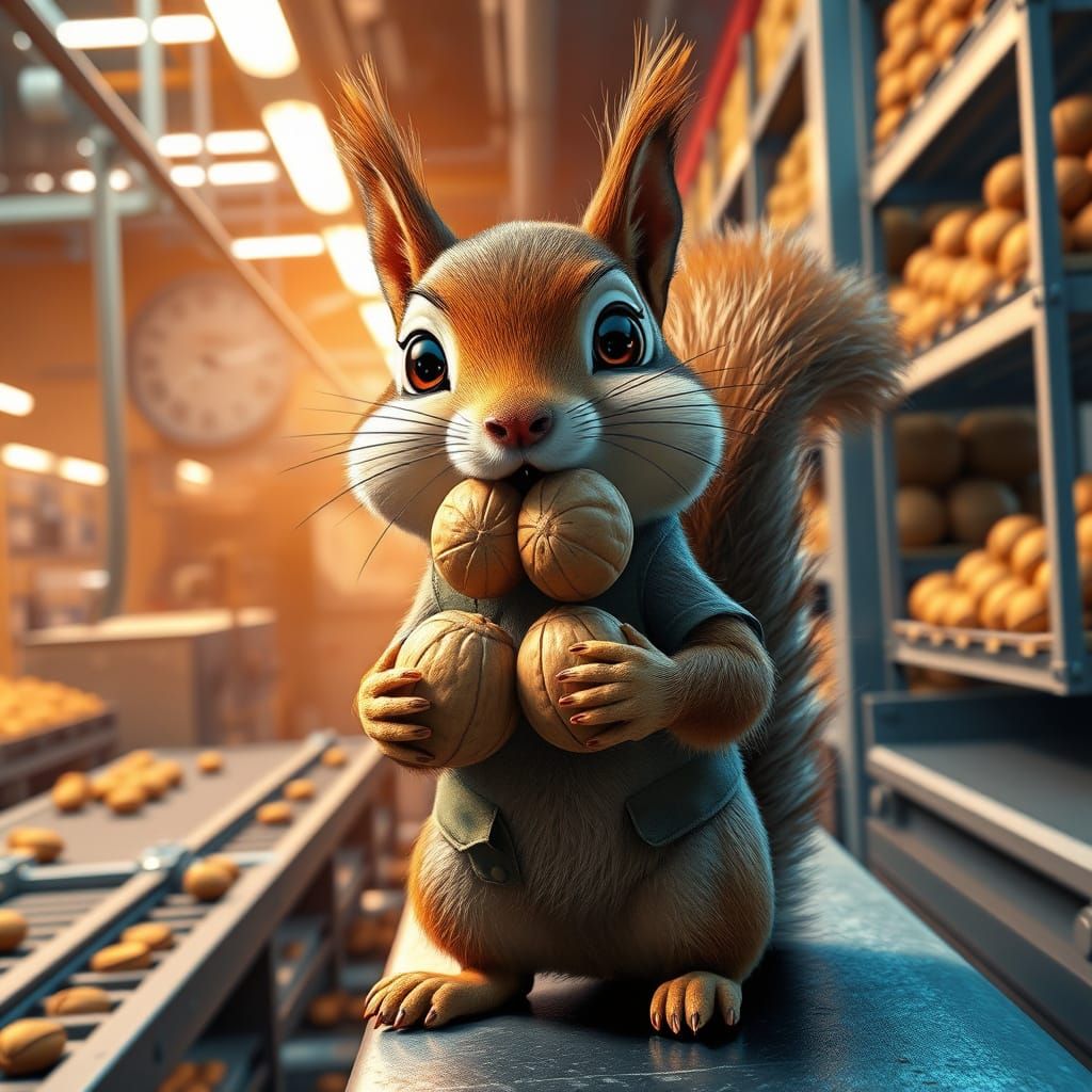 Squirrel Worker Steals Walnuts in Hyperrealistic Factory