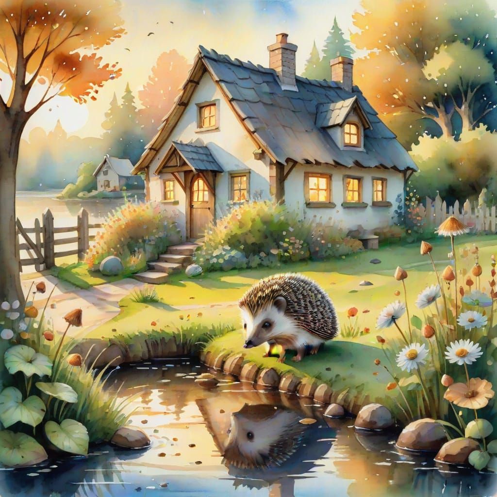 Whimsical Cottage Watercolor with Hedgehog Fishing