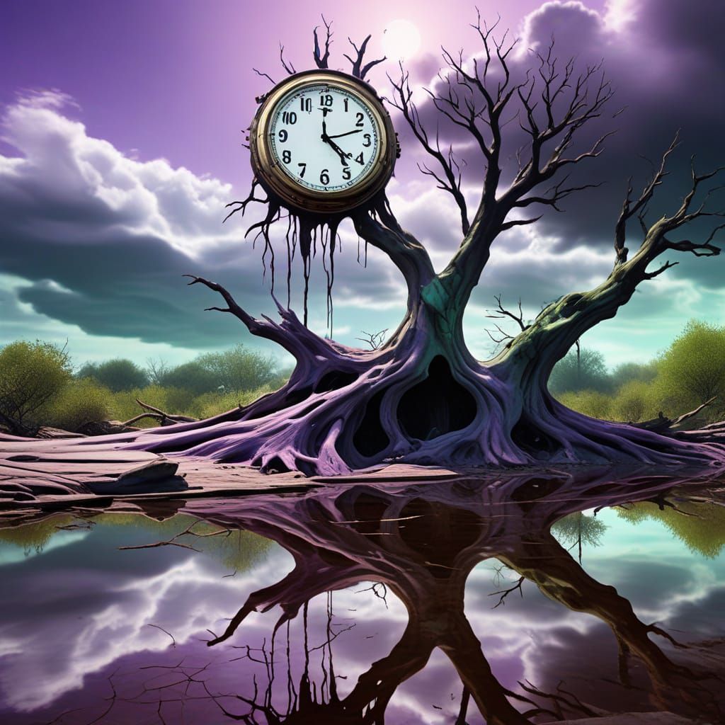 Surreal Melting Clock on Twisted Tree in Eerie Landscape