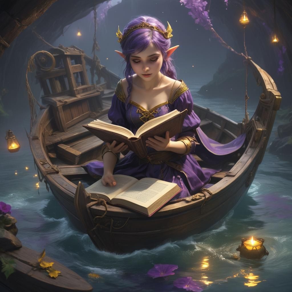 Book Elf Sailing a Book Boat: Dark Fantasy Art