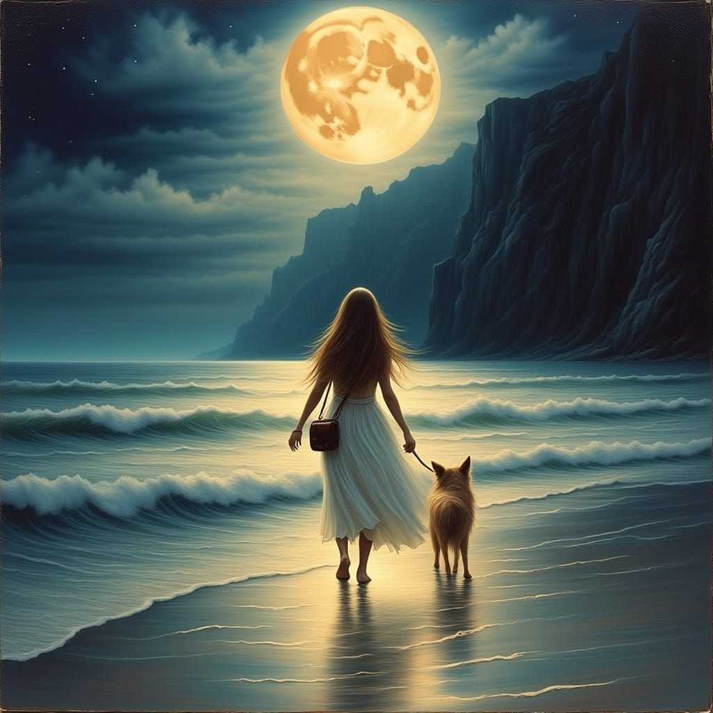 Woman and Dog Under Moon in Dreamy Realism