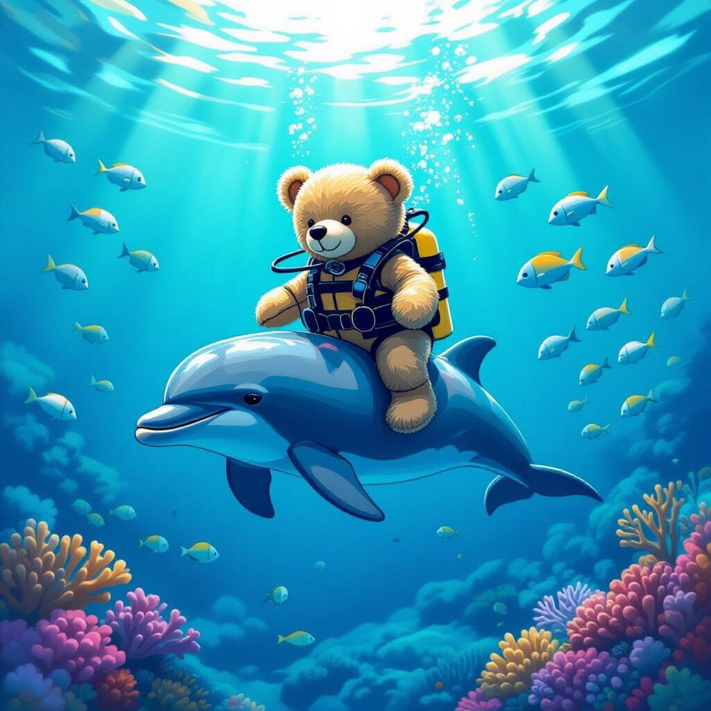 Teddy Bear Scuba Diving on Dolphin, Dreamlike Style