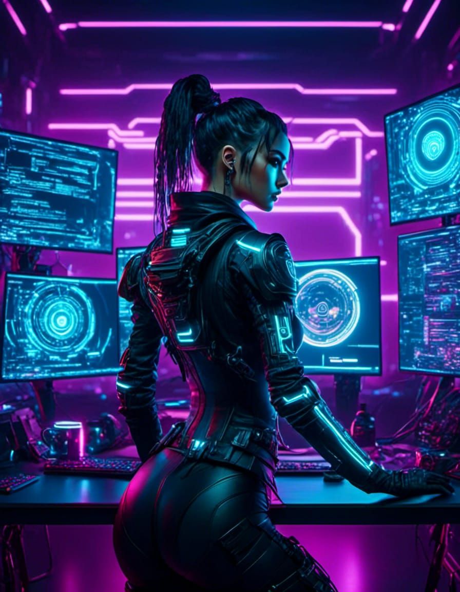 Gothic themed Cyberpunk female hacker working at a Computer. 8K resolution low light glowing <lora:Gridimation:1.0> <lo...
