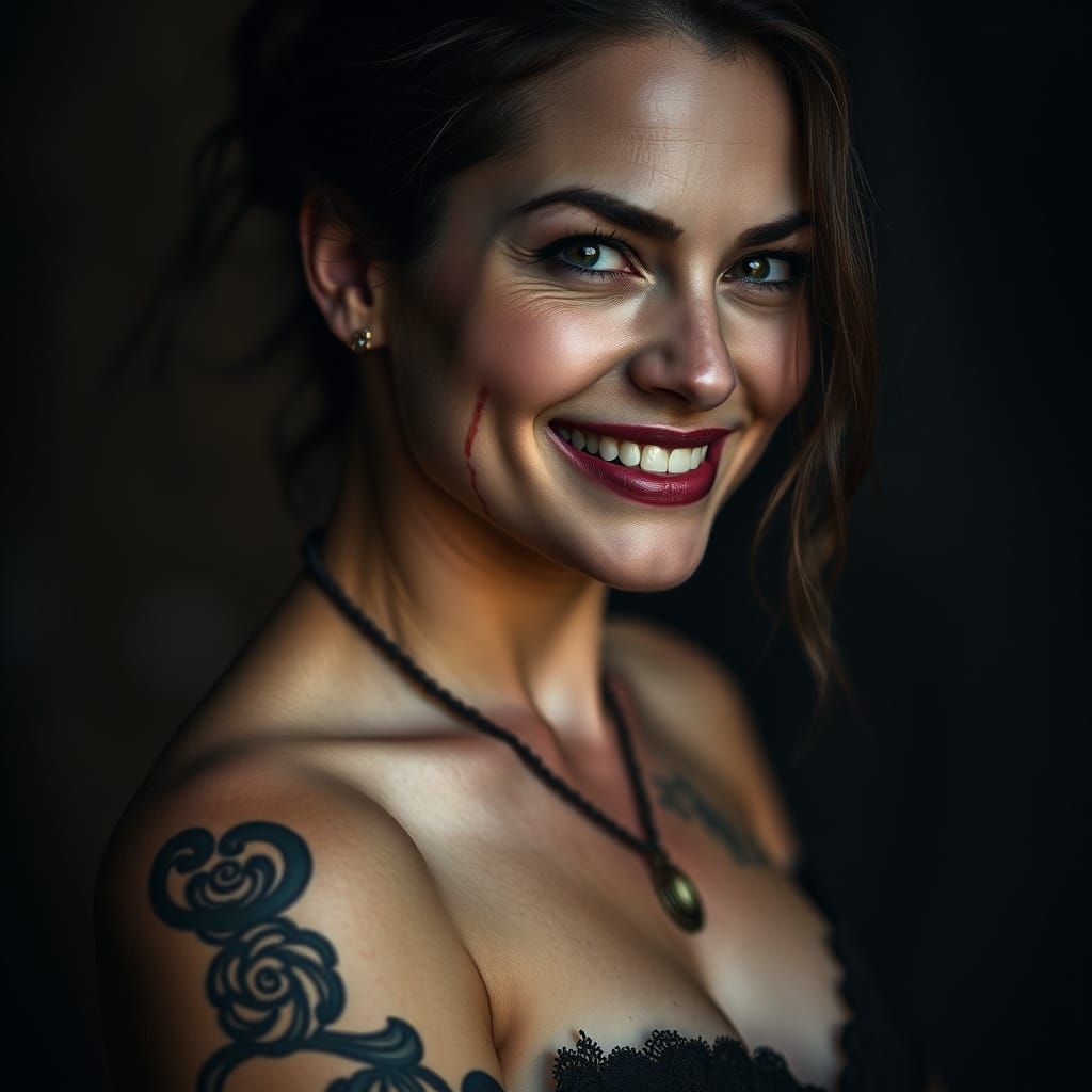 Frenzied Redhead with Knife in Dark Cinematic Scene