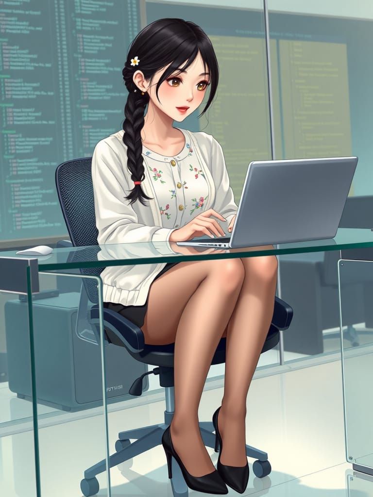 Kawaii Computer Nerd Sits at Desk, Coding with Intensity