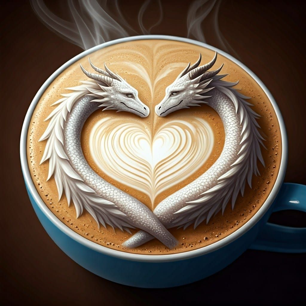 Whimsical Latte Art with Two Dragons in Heart Shape