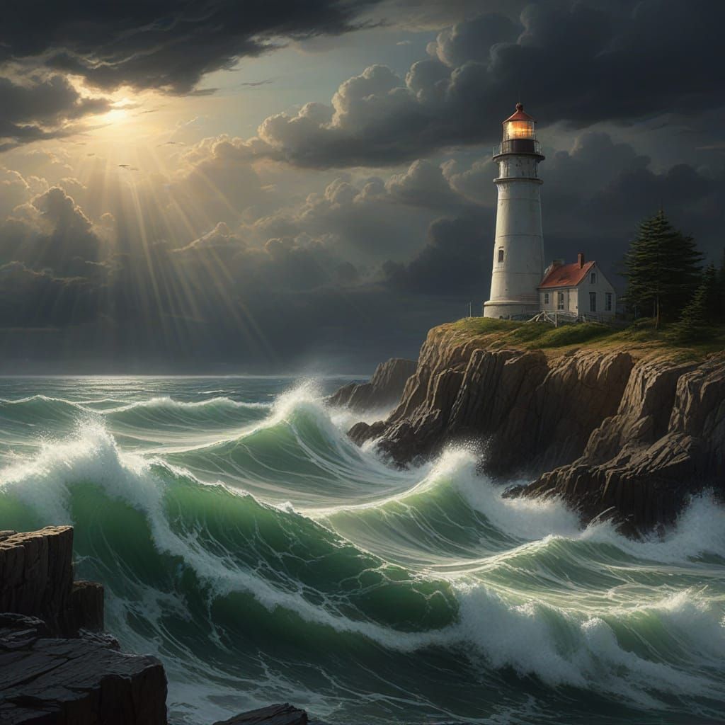 Dramatic Lighthouse Seascape in Photorealistic Style