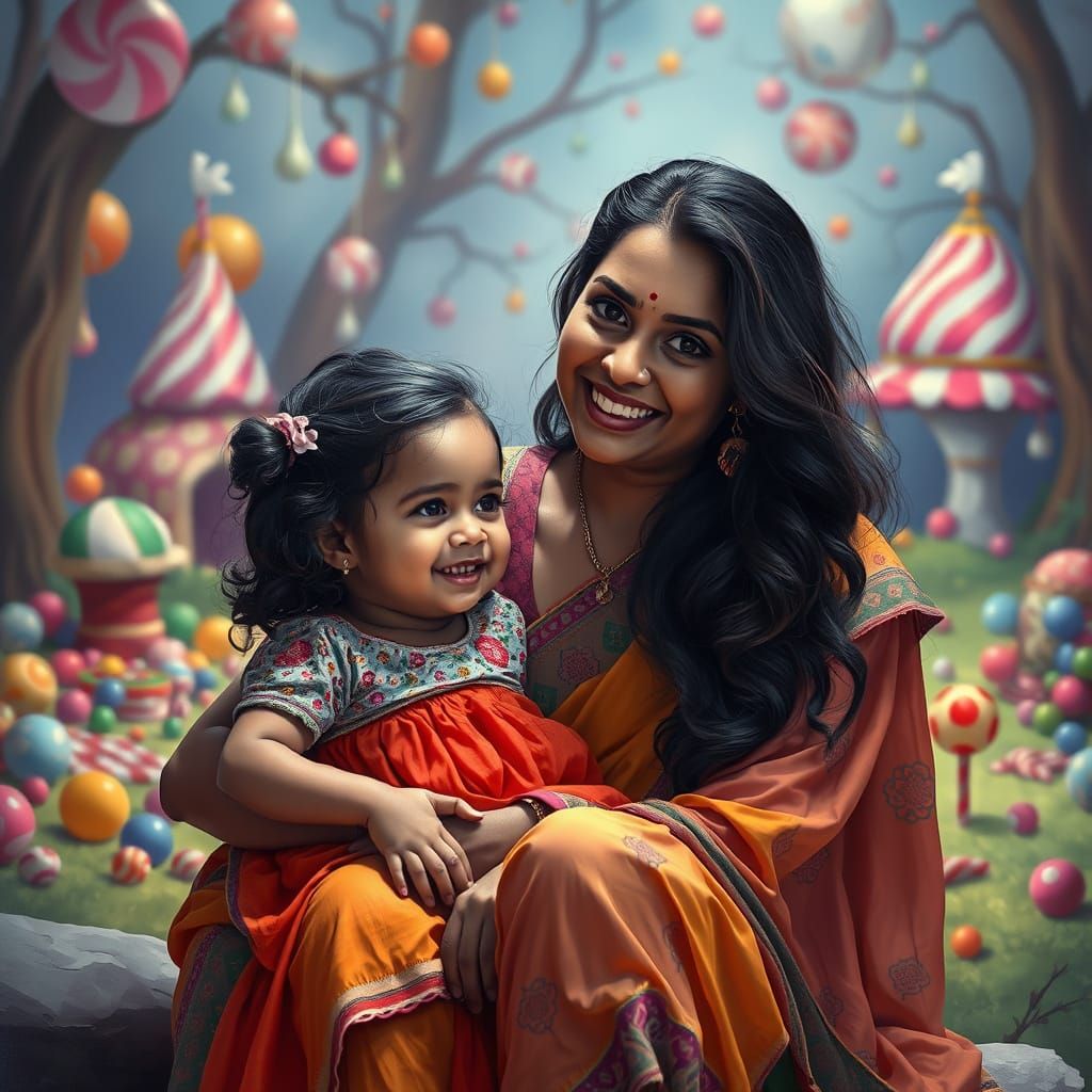Indian Woman and Girl in Candyland, Hyperrealistic Oil Paint...
