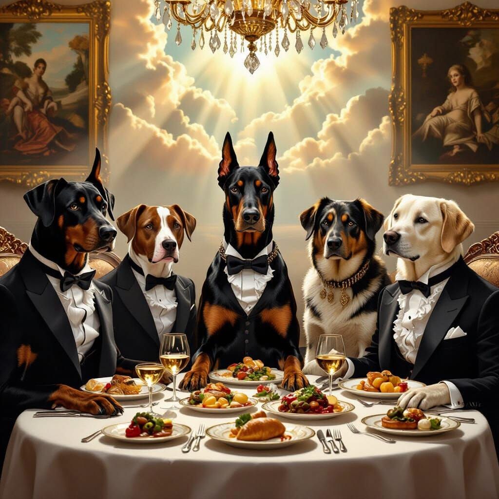 Doberman and Friends Feast in Baroque Style Dining Room