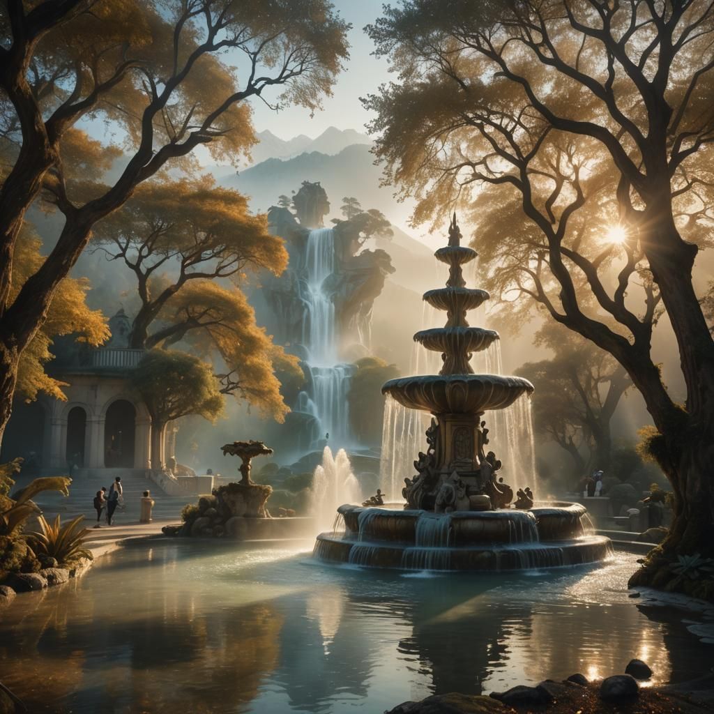 Mystical Fountain with Travelers in Surreal Landscape