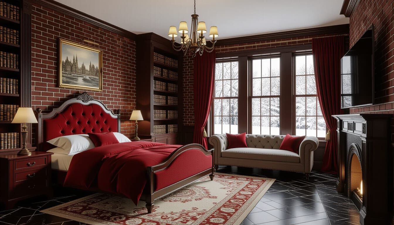 Victorian Bedroom with Snowy View in Deep Tones
