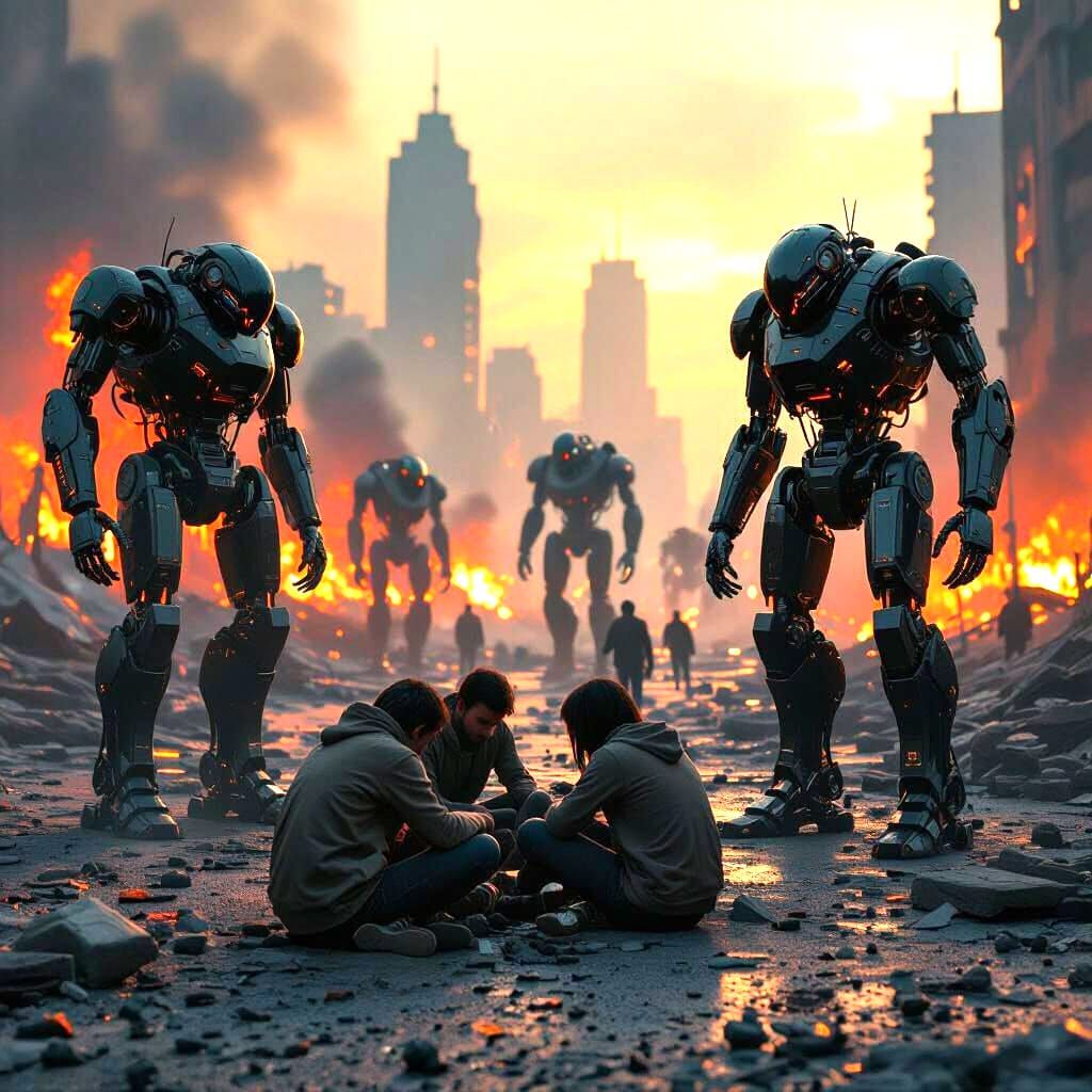 AI Apocalypse Survivors Amidst Fiery Devastation