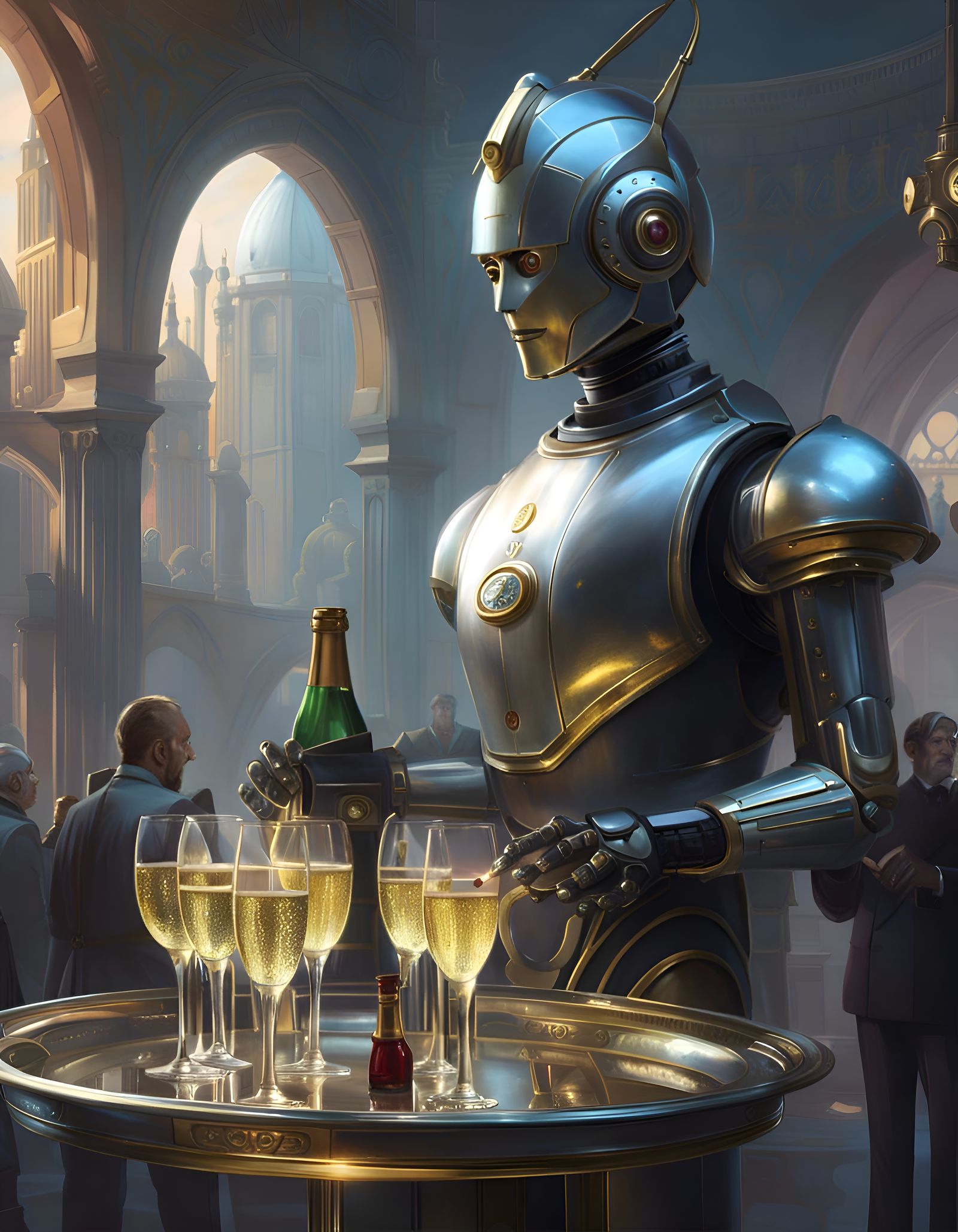 Robot Butler Serving Champagne, Hyperdetailed Digital Art