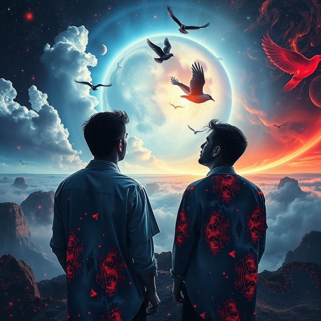 Men Contemplate Cosmic Wonders in Vibrant Astral Landscape