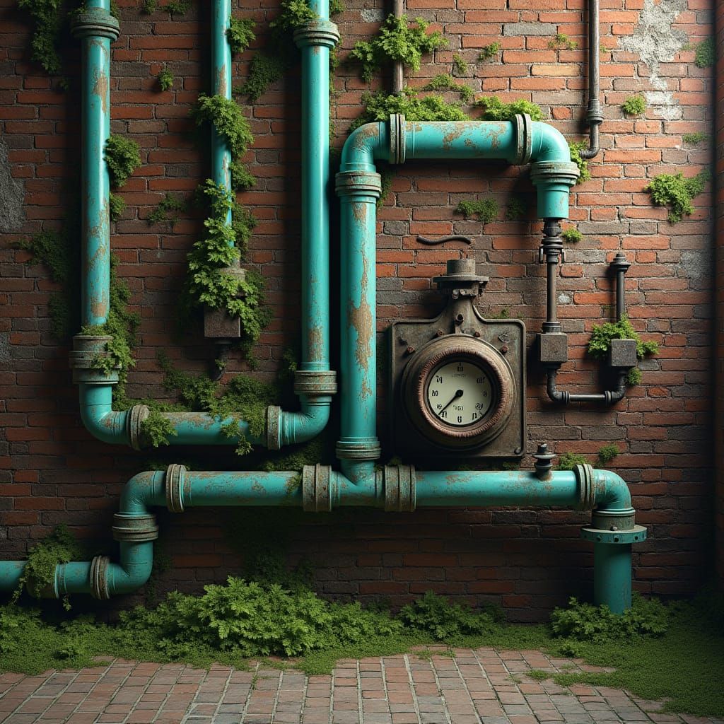 Decaying Factory Wall with Verdigris Copper Pipework