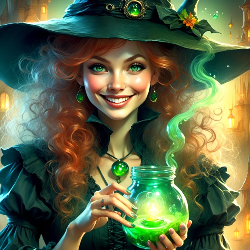 Charming Witch Portrait with Glowing Eyes and Potion