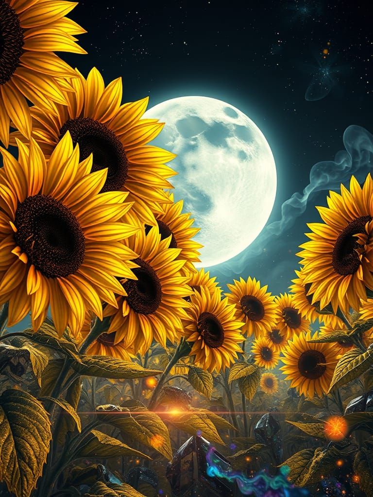 Giant Golden Sunflowers Under Psychedelic Moon in Gemstone G...