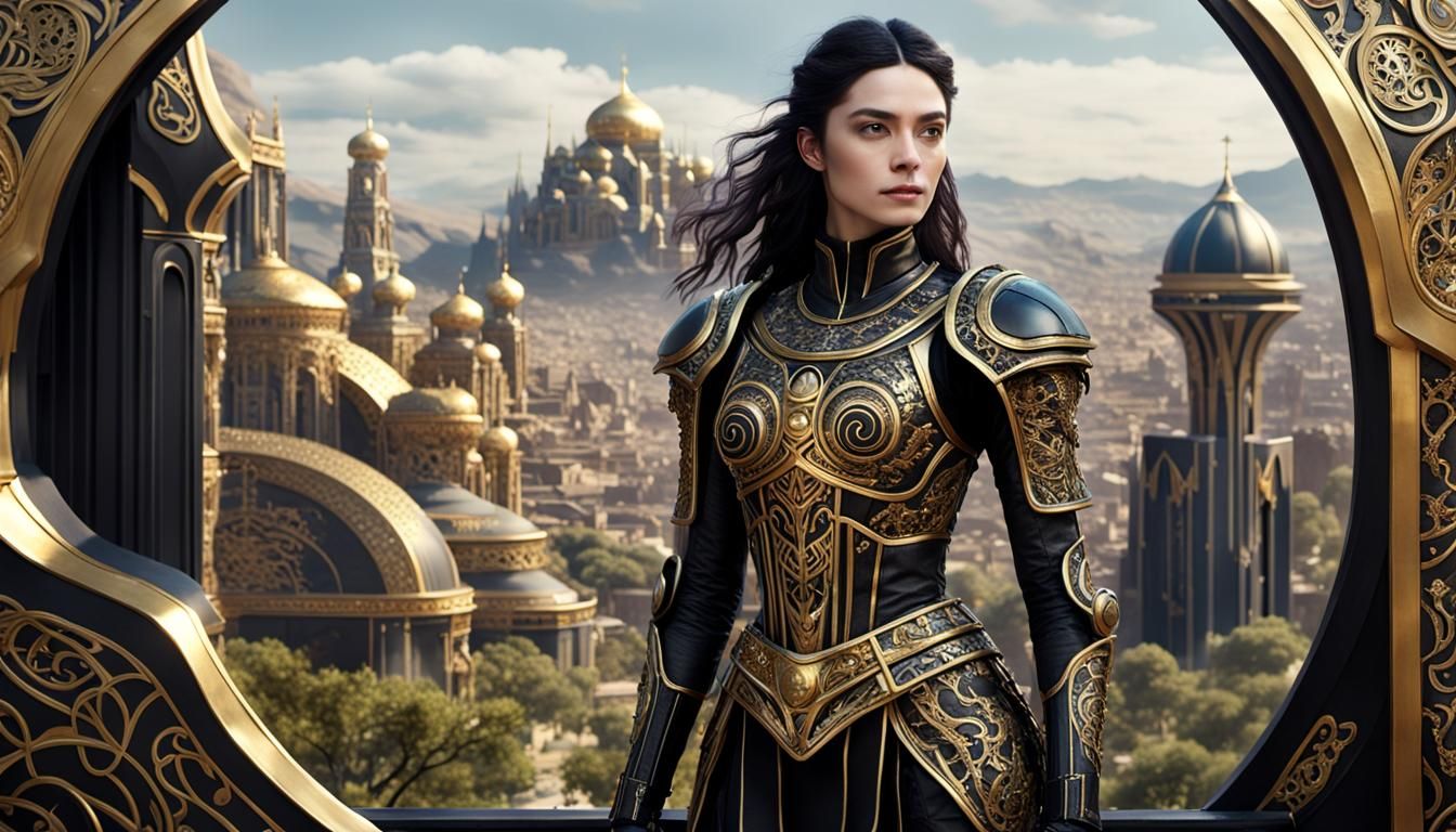 Futuristic Fashion in Byzantine Landscape: Hyperrealistic Ar...