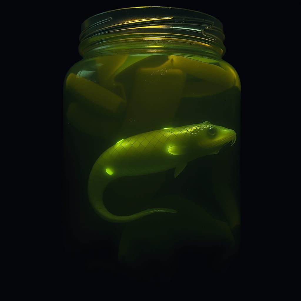 Pickle-Lamprey Hybrid in Jar: Surreal 3D Rendering