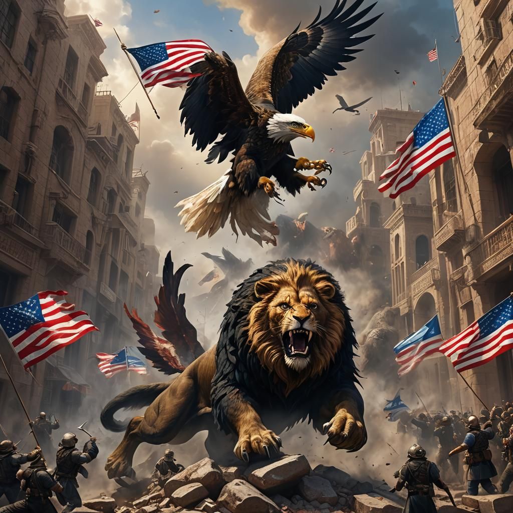 USA Eagle Oversees Israel Lion vs Iran Bear