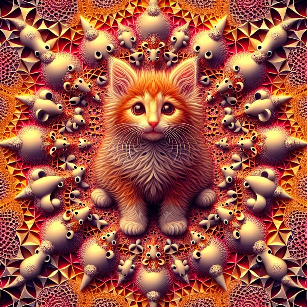 Fuzzy Kitten Surrounded by Fractal Mice in Sunset Hues