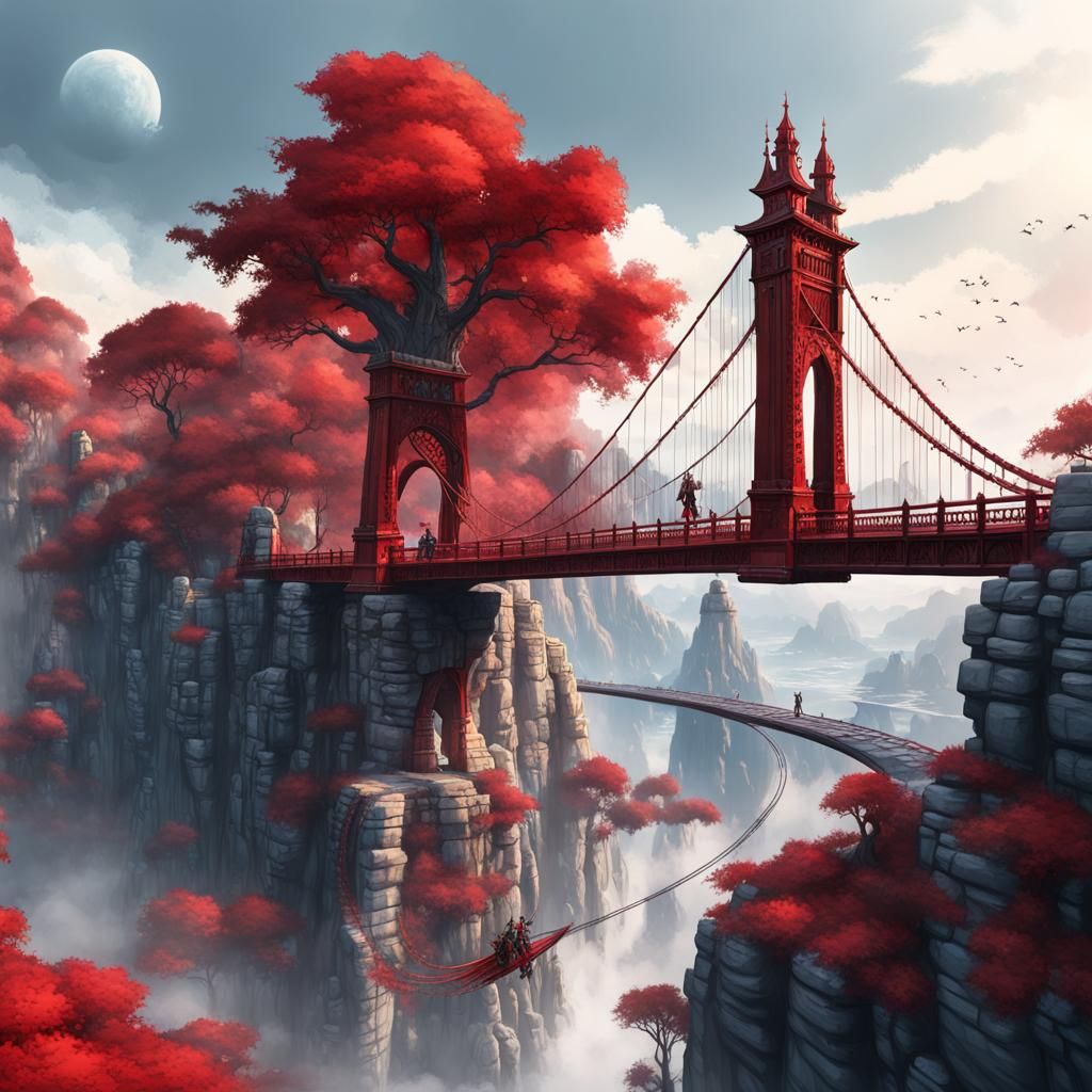 Red Suspension Bridge with Horseman: Fantasy Concept Art
