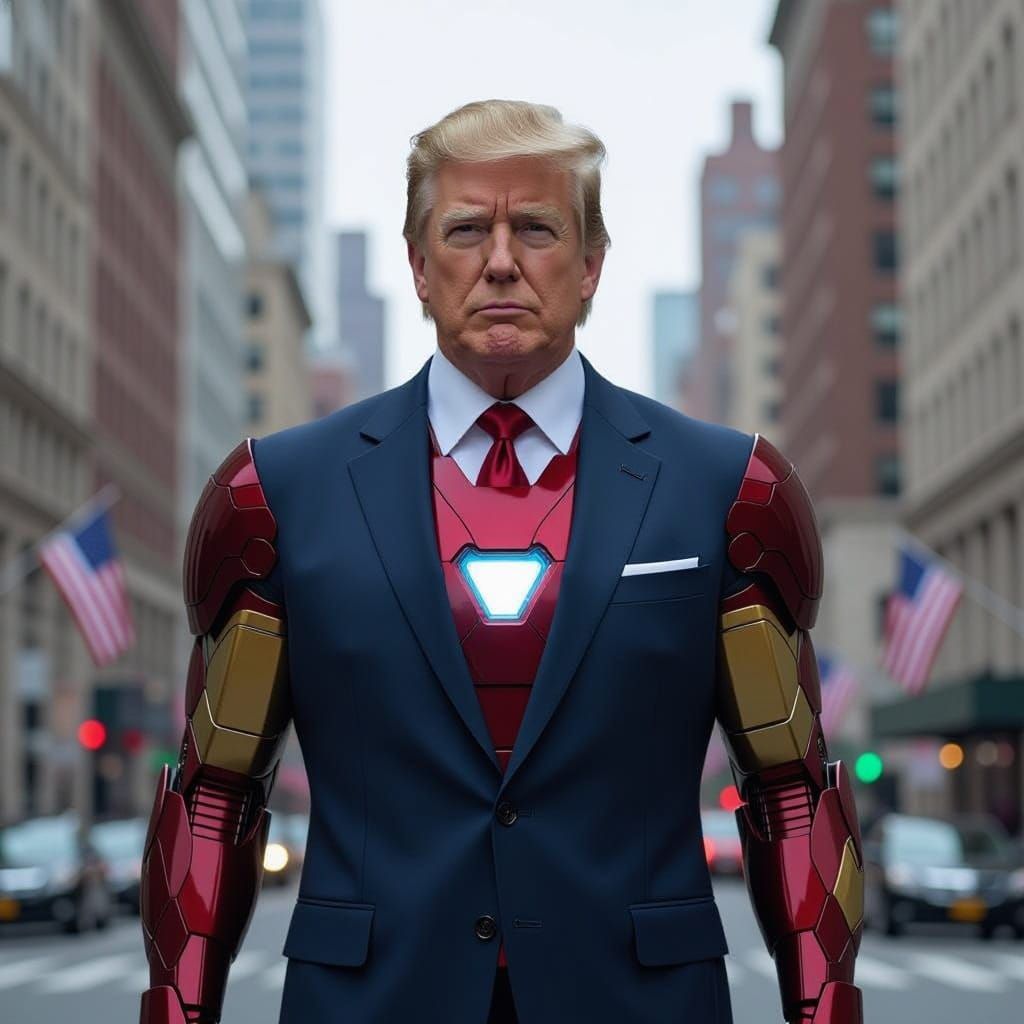 Iron Man in Trump-Inspired Business Attire, Set Against a Fu...