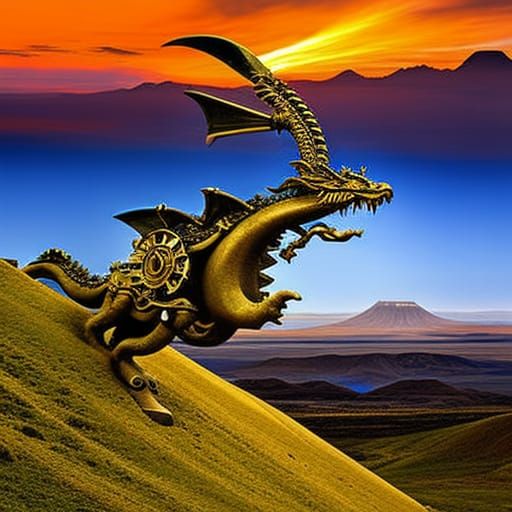 Steampunk Rococo Dragon Over Surreal Landscape