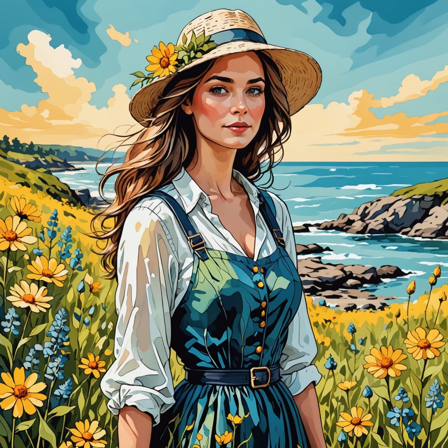 Radiant Seashore Scene with Wildflowers in Cartoon Style