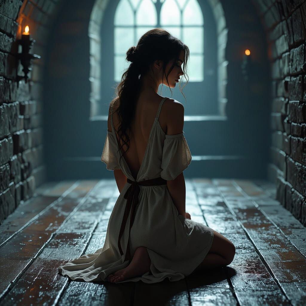 Young Woman Kneeling in Dimly Lit Dungeon