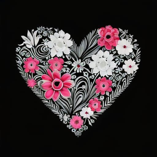 Detailed Line-Art Heart of Pink Flowers