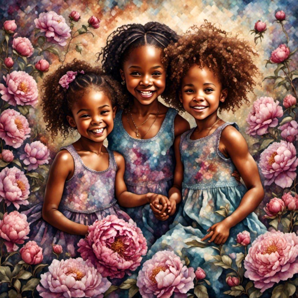 Smiling Toddlers Playing Patty Cake in Peony Field