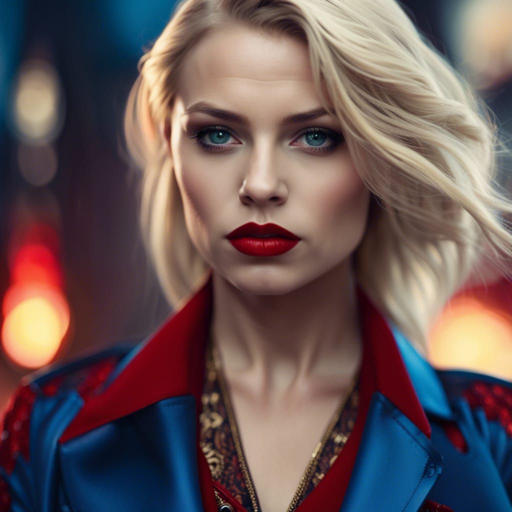 Blonde Assassin Portrait with Fiery City Backdrop