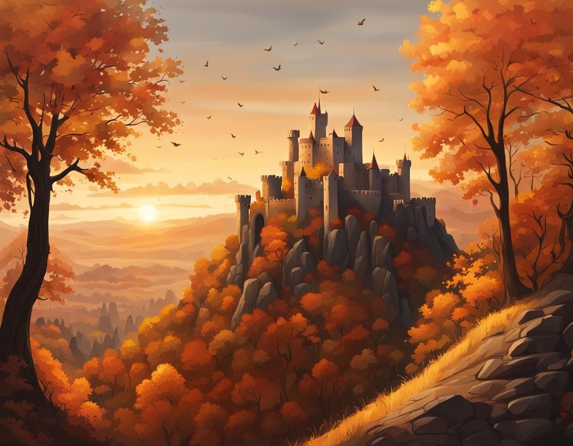 Medieval Castle at Sunset in Autumn Landscape