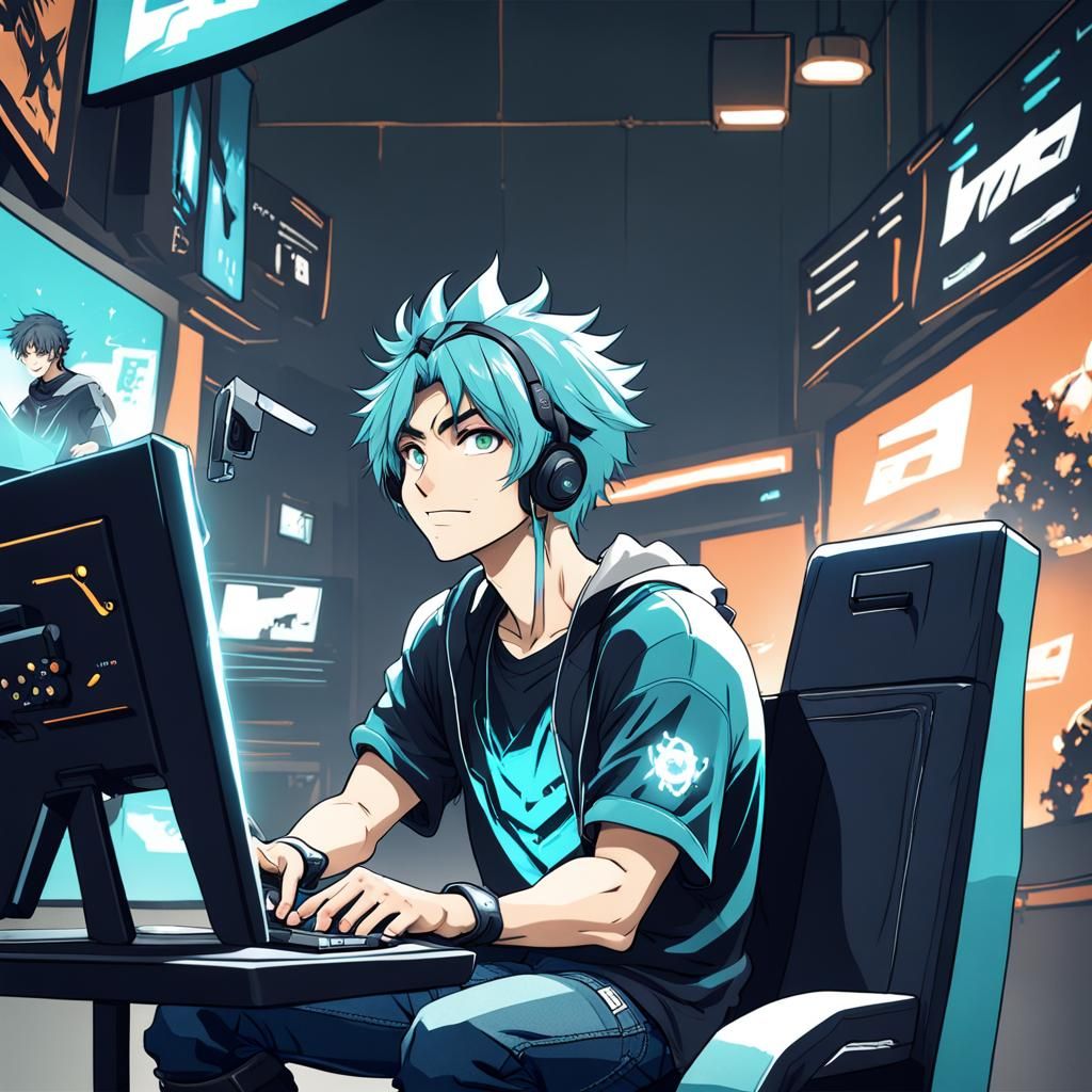 Anime Boy Gamer with Turquoise Hair