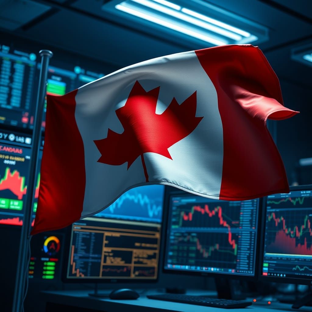 Canadian Flag Waves Over Thriving Financial Markets