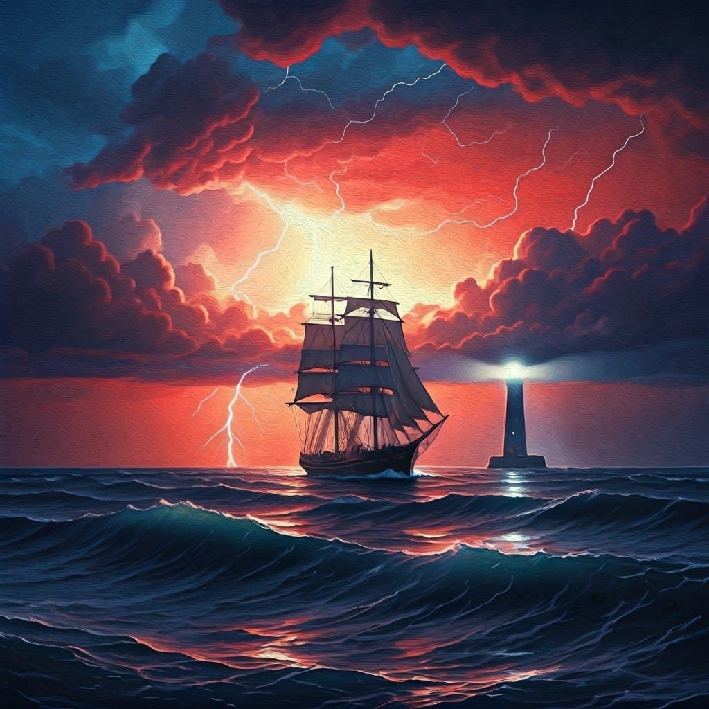 Stormy Seascape with Ship and Lighthouse in Vibrant Colors