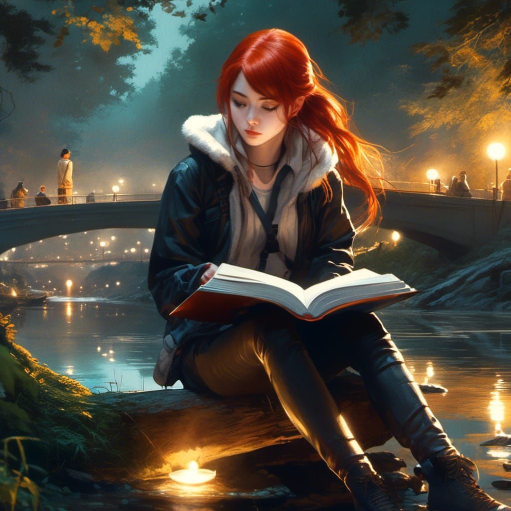 Redhead Girl Reading Book in Park: Anime Portrait