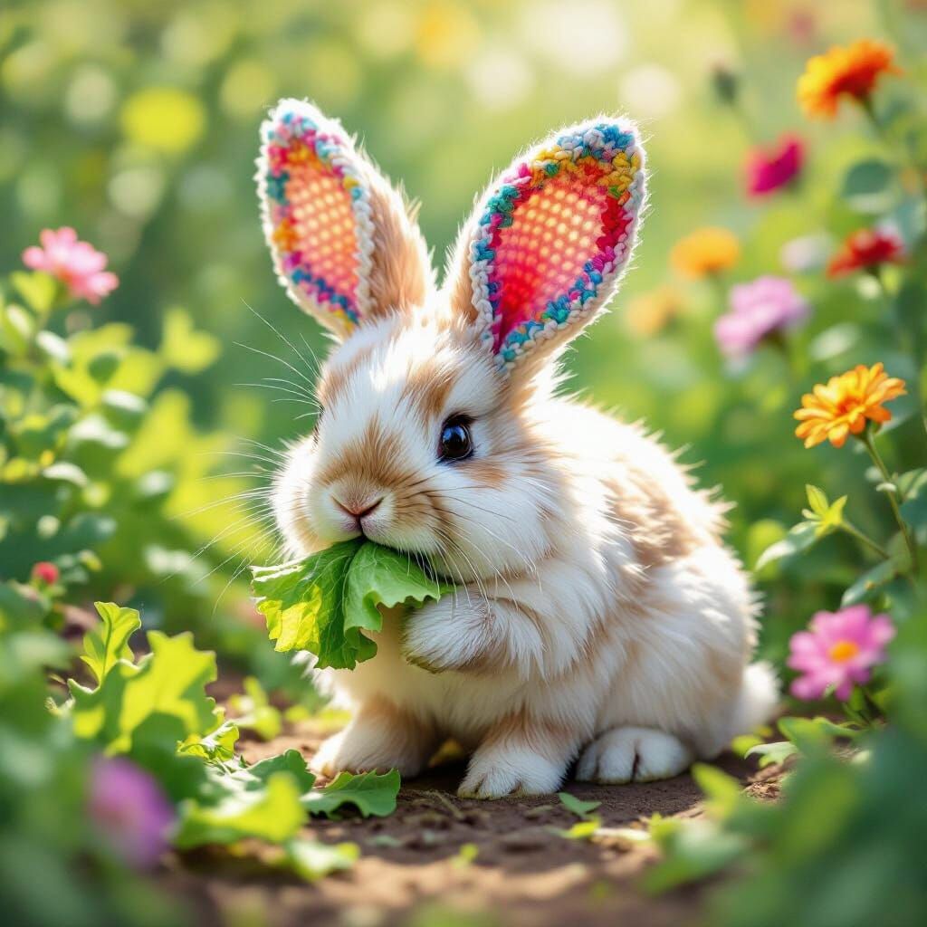 Fluffy Bunny with Crocheted Ears in Monet Style Garden
