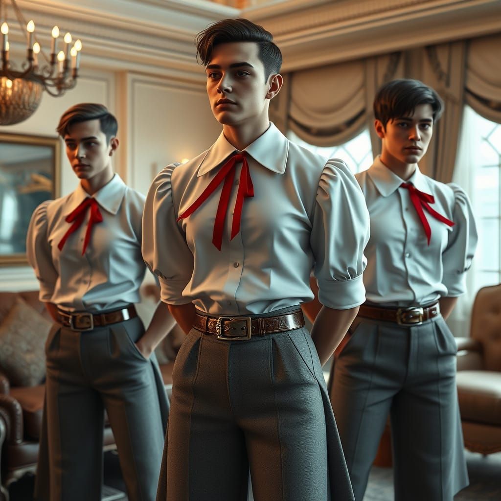 Elegant Men in Futuristic Attire Stand in a Dramatic Living ...