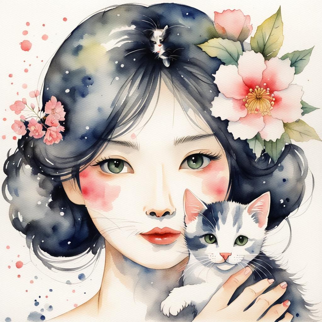 Woman with Kitten: Japanese Watercolor Style