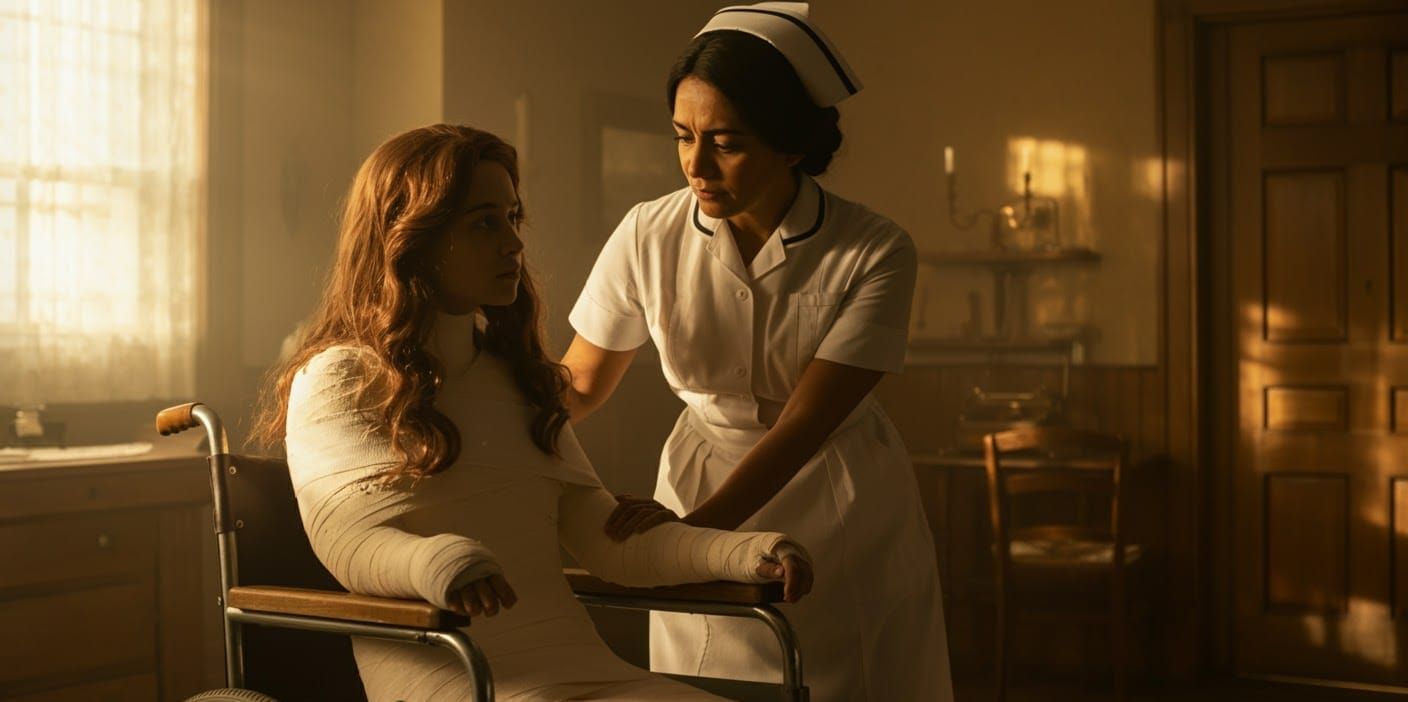 Woman in Full Body Cast with Nurse: Cinematic Still