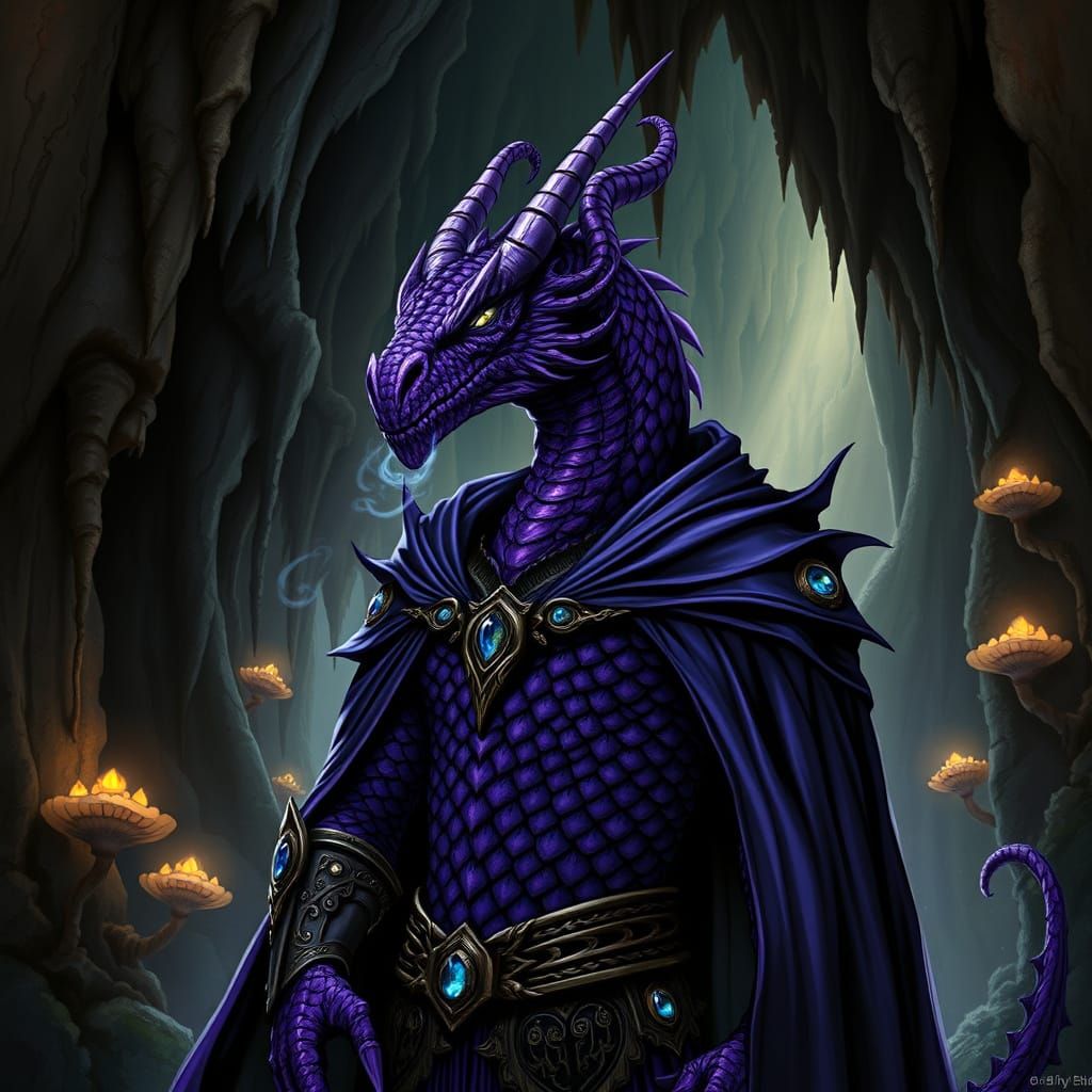 Purple Dragonborn Sorcerer in Mystical Underdark Cavern