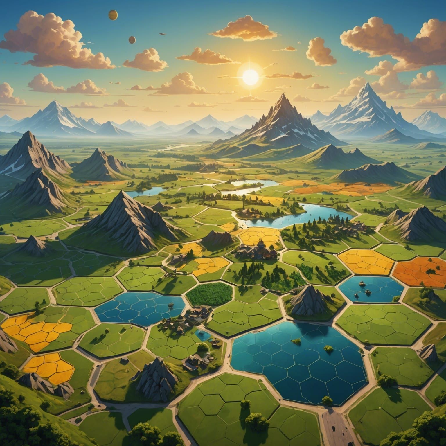 Hexagonal Landscape: Mountains, Plains, Mines, and Forests